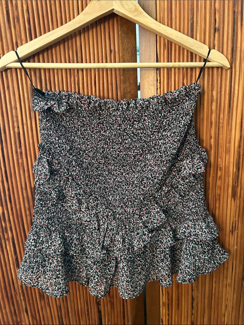 Lush Black, Pink & White Smocked Ruffle Silhouette Strapless Top